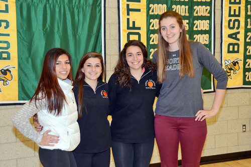 FOUR MEMBERS OF THE NRHS girls varsity basketball team have been chosen Cape Ann League All Stars. From left: sophomore Kat Hassapis, senior captain Adrianna Flanagan, senior captain Frankie Elliott (also voted All League), and junior Jess Lezon. (John Friberg Photo) 
