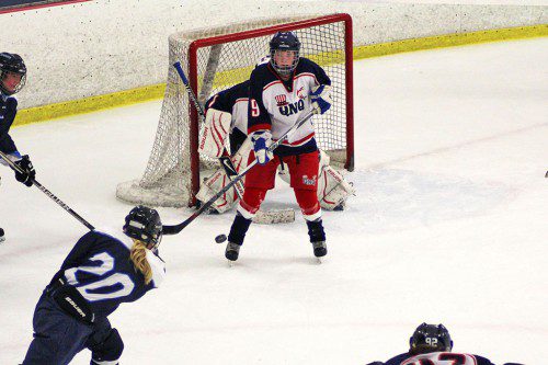 ELISE MURPHY launches a bullet of a shot that slips past a QNQ defender in the girls' co-op hockey game Saturday. The Lynnfield captain scored one of her team's two goals in the 3-2 loss. (Mark Grant Photo)