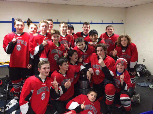 Congratulations went out to the WYSA Seventh-Eighth Grade hockey team for winning the championship of its Martian Middle School League. Special thanks were given to coaches Chris DeFeo, Howie Melanson and Steve Boudreau for a great coaching job. Pictured in the front row is Jacob Barrett. In the middle row (kneeling from left to right) are Brendan Vacca, John DeFeo, Sammy Boudreau, Ryan Bosworth and Kevin Doherty. In the back row (standing left to right) are Steven Robinson, Matthew Lanzarone, Chris Pinto, Robert Boyle, Howard Melanson, Jared Green, Brogan Chambers, John Tomsyck, Patrick McGann, Sergio Domingo, Nicolas Spinale and Colin Linehan. Not pictured is Andrew Bono.