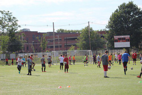 THE WMHS boys' soccer team began practice last Thursday and held its first scrimmage on Saturday against Saugus at the Galvin Middle School. The Warriors will practice for the rest of this week and until the middle of next week and have one more scrimmage scheduled before their season opener at home against Lexington on Thursday, Sept. 8. (Keith Curtis Photo)
