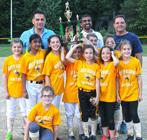Congratulations to North Reading’s U10 Softball Champions, who won by a final score of 12 - 10. Front row (Standing L-R) : Alyse Mutti, Sucheta Srikanth, Talia Ranieri, Julia Mulik, Samantha Cassarino, Emily Burton and Alison Lanciani. Second row (Standing L-R): Sami Mutti, Cassidy Sheehan. Sitting: Anna Abruzzese. Coaches (L-R) : Ben Ranieri, Ayikudy Srikanth, Chuck Mulik and Frank Cassarino (not in picture). (Courtesy Photo)